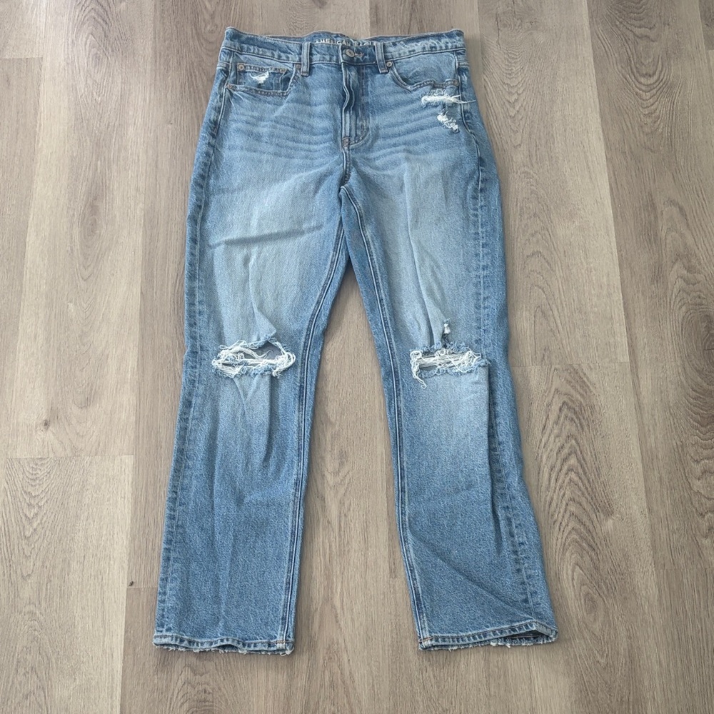Women's Light Blue Distressed Straight-Leg Jeans